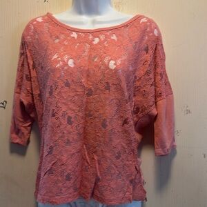 casual, salmon or light coral Maurice’s , 3/4 sleeve, lace dolman top.